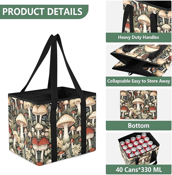 Mushrooms Reusable Grocery Bags Large Shopping Tote Bag with Reinforced Bottom Board, Water Resistant Foldable Storage Bags f