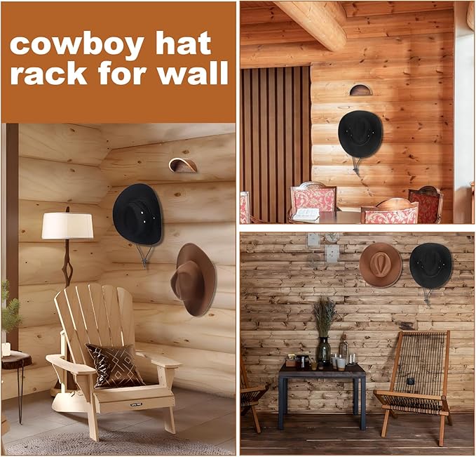 Cowboy Hat Rack for Wall,2 Pack Wooden Hat Holder,with Satin Finish Hat Hooks,Non-Damage Brim Design Can Keeps Original Shape