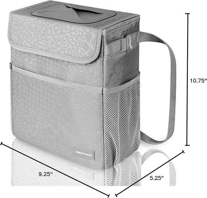 Car Trash Can Cute - Car Accessory for Garbage and Storage, Adjustable and Collapsible Car Garbage Can, Waterproof and 100% Leak-Proof Car Trash Bin with Lid, 2 Gallons (Leopard-Print Gray)