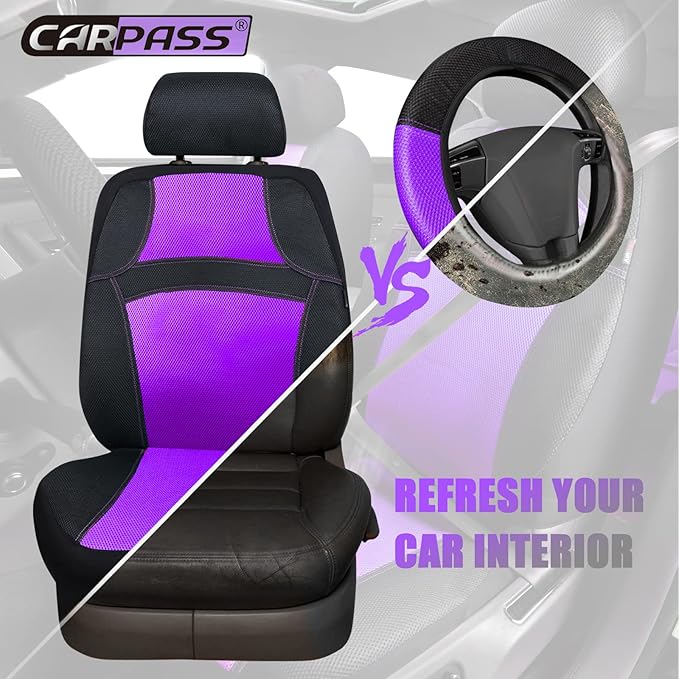 CAR PASS Universal 13PCS 3D Air Mesh-100% Breathable Seat Covers Full Sets, Steering Wheel, Belt Cover Airbag and Rear Split Bench Compatible for 90% Automotive SUV Truck Cute Women Black Purple