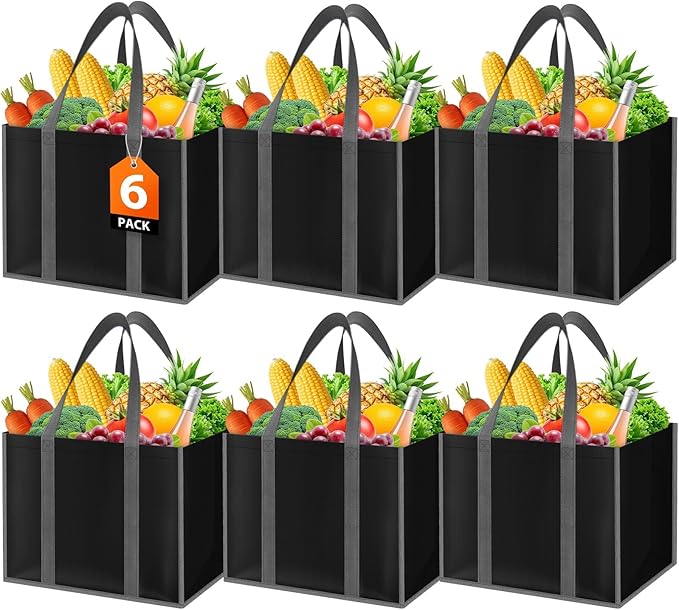 SpaceWhisper Reusable Grocery Bags with Long Handles [6 Pack] - Multipurpose Large Shopping Bags for Groceries, Foldable Grocery Totes Resist Water & Stains for Kitchen, Car Trunk, Picnic (Black)