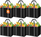 SpaceWhisper Reusable Grocery Bags with Long Handles [6 Pack] - Multipurpose Large Shopping Bags for Groceries, Foldable Grocery Totes Resist Water & Stains for Kitchen, Car Trunk, Picnic (Black)