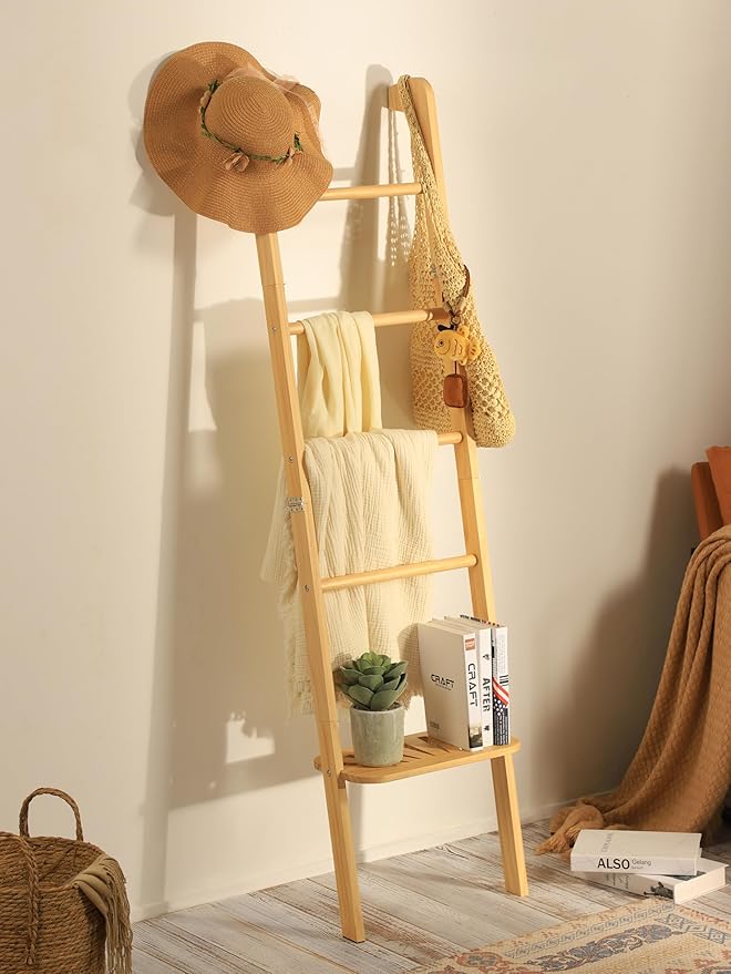 Taozun Minimalist Wood Blanket ladder - Boho Style Wall-leaning Display Towel Rack for Throw Quilt, Standing Ladder Shelf, Bl