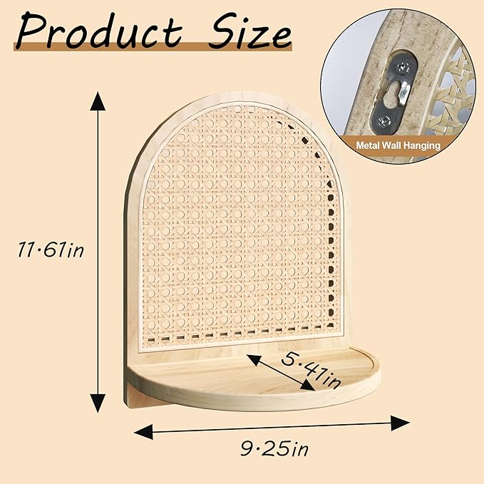 Rattan Wall Shelf Set of 3, 7''Natural Rattan Shelves with Wicker Decor, Boho Decor Small Floating Shelves for Wall, Arched S