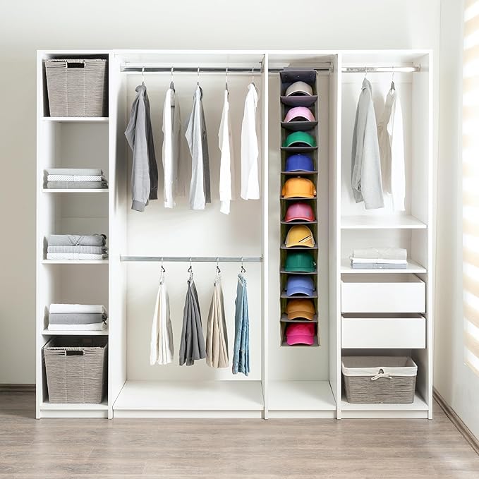Perfect Curve 11-Pocket Hanging Baseball Hat Organizer - Gray Hat Storage Rack for Closet, Holds Up to 100 Caps. Also store s