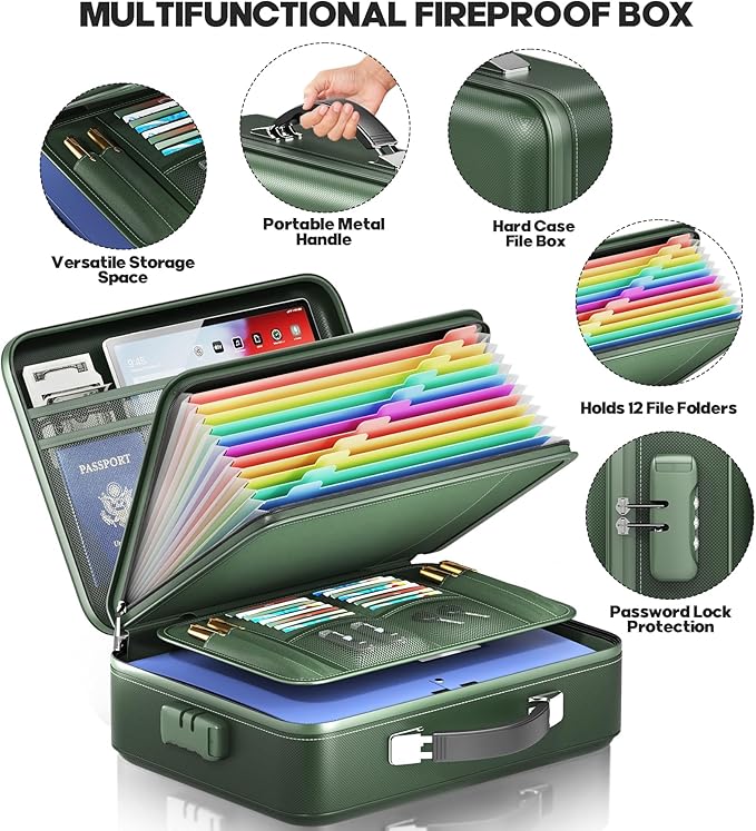 Fireproof Document Box, Hard Case Highly Flame-Resistant Fire Proof Waterproof File Organizer with Lock, Portable Fire Safe f