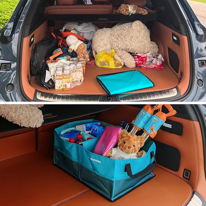 Collapsible Waterproof Car Trunk Organizer, Soft PVC Storage Bin with Rugged PVC-Coated Fabric for SUV & Truck (Aqua Blue, PLU