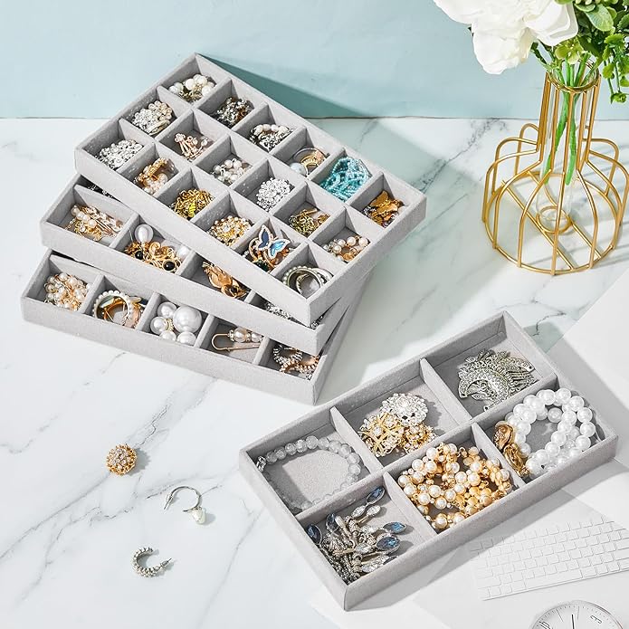 Junkin 12 Pcs Jewelry Tray Velvet Stackable Jewelry Organizer Trays Divided Earring Accessories Storage Containers Box (Rose 