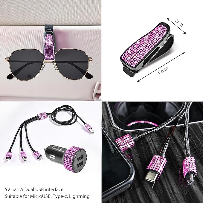 CAR PASS 30 PCS Bling Pink Car Set for Women, Bling Steering Wheel Covers Set 15 Inch, Shining Rhinestone License Plate Frame, Sparkly Diamond Phone Holder, Cute Interior Set Decorations, Pink Diamond