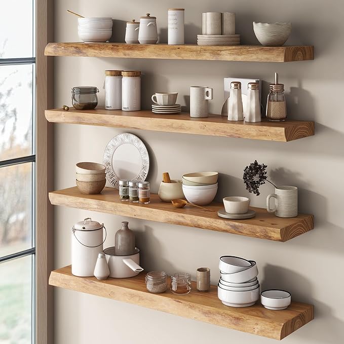 Live Edge Elm Floating Shelves for Wall Decor, Rustic Solid Wood Shevles Wall Mounted with Invisible Bracket for Living Room 