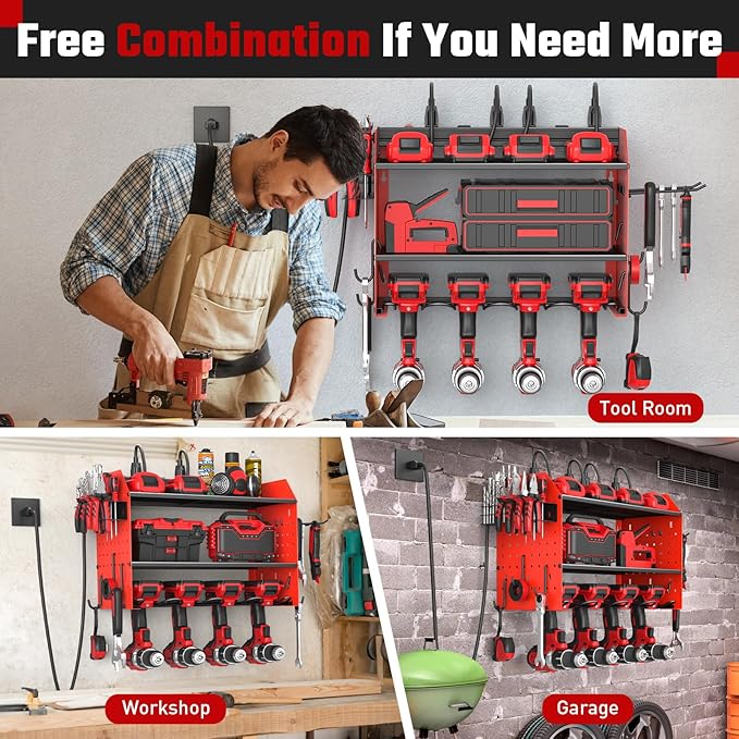 ZESEN Power Tool Organizer with Charging Station, Heavy Duty 3 Layer Drill Holder Wall Mount Garage Shelf Rack with 6 Outlet 