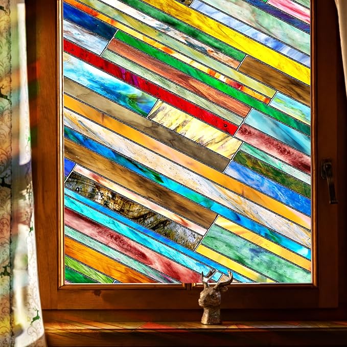 SUNBABY Stained Glass Window Privacy Film: 3D Decorative Vintage Static Clings, Day and Night Privacy, Renter-Friendly Non-Adhesive Sticker for Home Bathroom Door Window Coverings,16.9 x 39.4 Inch