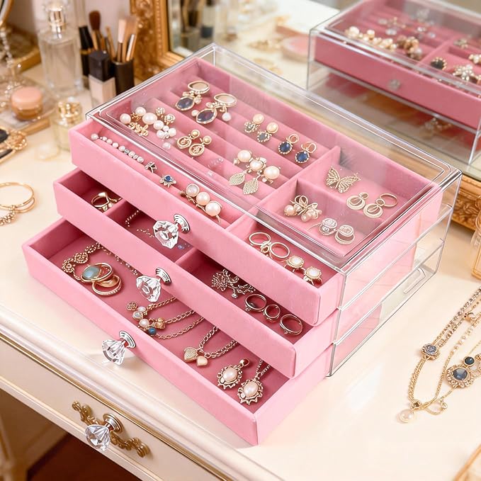 Clear Acrylic Velvet Jewelry Organizer with 3 Drawers, Stackable Display Storage Earrings Necklace Rings Bracelets Box Holder