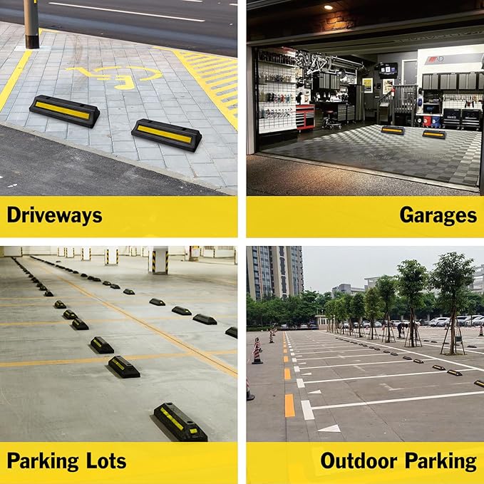 Pack of 4 Garage Parking Aid, 16.9'' Parking Stopper for Garage, Heavy Duty Rubber Garage Car Stopper with Reflective Yellow Tape Curb, Parking Gadgets Protects Garage Walls and Car