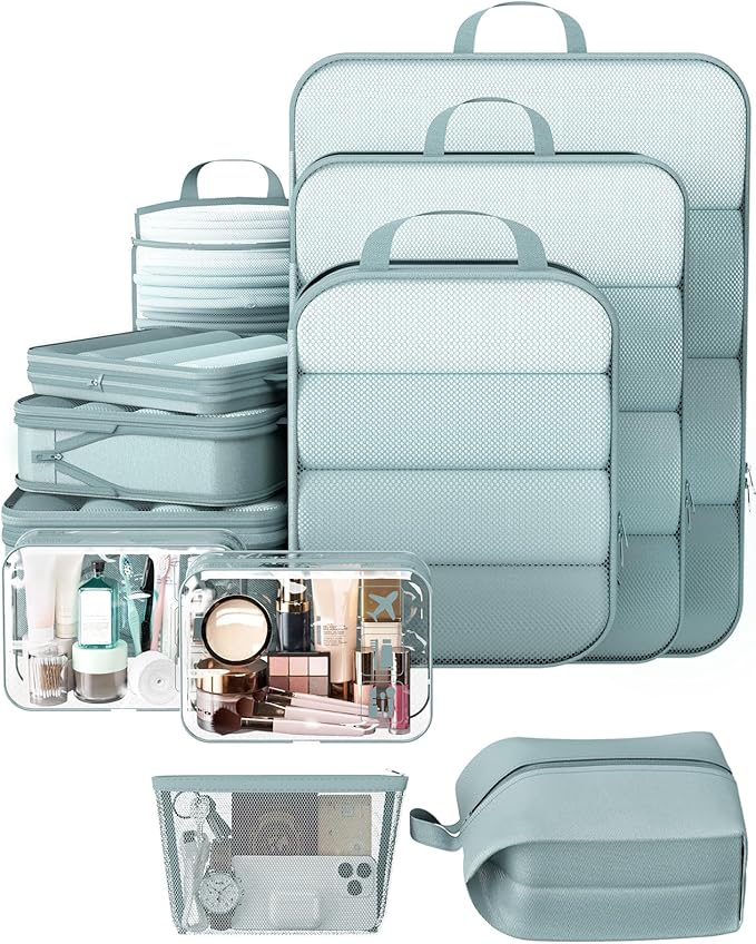 Veken 11 Set Compression Packing Cubes for Travel Essentials,Compressible Expandable Large Luggage Suitcase Organizer Bags fo