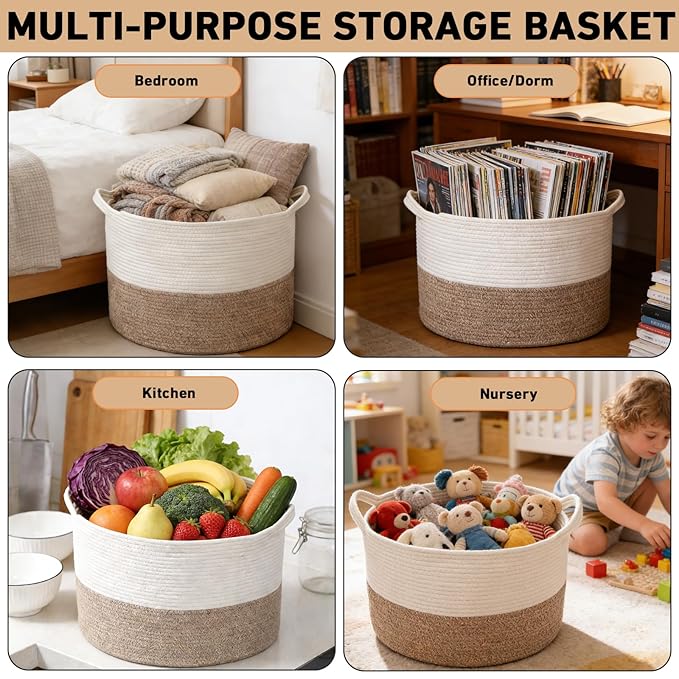 65L Large Woven Cotton Rope Blanket Basket with Handles, Laundry Hamper Storage Bin for Pillows, Clothes, Bedroom and Living 