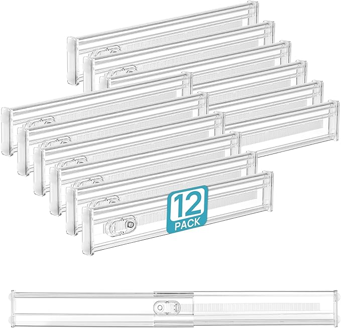 Vtopmart 12 Pack 2.36" Short Upgrade Drawer Dividers for Kitchen Drawer, 12.8"-22.3" Expandable Kitchen Drawer Organizer, Cle