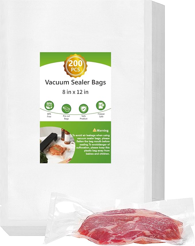 Moretoes 200pcs Vacuum Sealer Bags, Food Saver Bags Quart 8" x 12", BPA Free, Pre-cut Commercial Grade Vac Bags for Food Stor