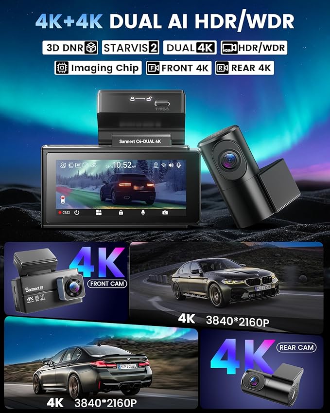 Dash Cam Front and Rear - Sarmert C4 Dual 4K Built-in GPS and 5G WiFi, Free 128GB Card Included, HDR Night Vision, WDR, 4K UH