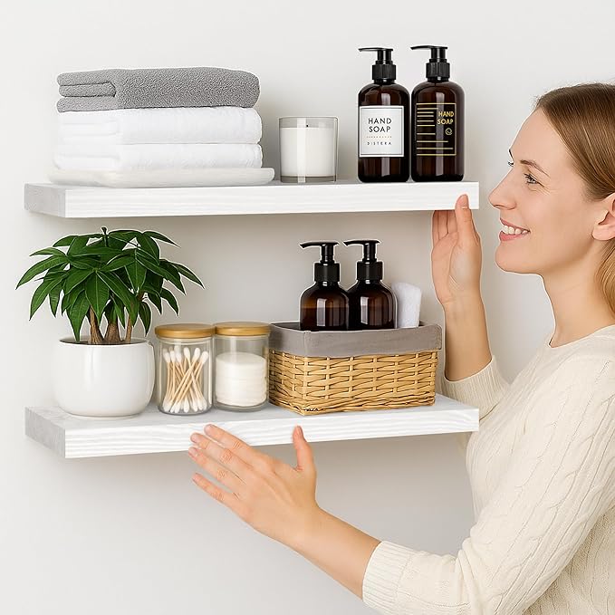 BGMG Wood Floating Shelves for Wall 30 inch Set of 2,White Floating Shelves,Solid Wood Wall Mount Shelves for Bathroom Living