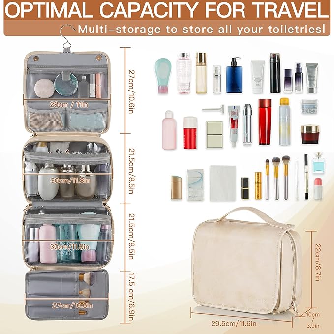 Elviros Hanging Travel Toiletry Bag for Women, 3-in-1 Large Makeup Bag and Cosmetic Organizer, Vegan Leather Waterproof Skinc
