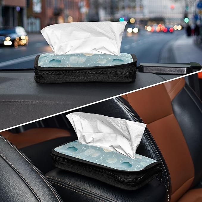 Car Tissue Holder Car Visor Organizer Tissue Box Holder for Car Sun Visor Organizer with Car Vehicle Accessories Essentials Interior for Women Men Light Blue Seashell Starfish Pearl