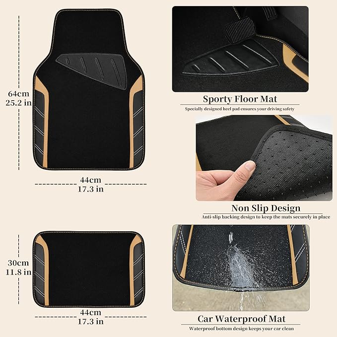CAR PASS Microfiber Steering Wheel Cover and Waterproof Car Floor Mats,Leather Universal Car Combo Fit for 95% Truck,SUV,Cars