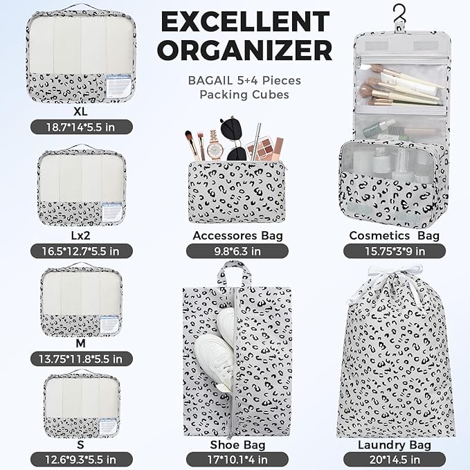 BAGAIL 9 Set Packing Cubes with Packing List Luggage Packing Organizers for Travel Accessories (Grey leopard)