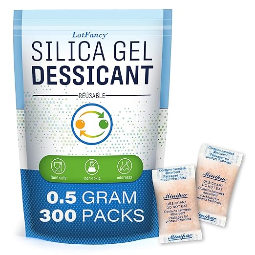 LotFancy Silica Gel Packets 0.5g 300 Pack, Color Indicating Desiccant Packs, Moisture Absorber for Spice Jars, Seed Storage, 