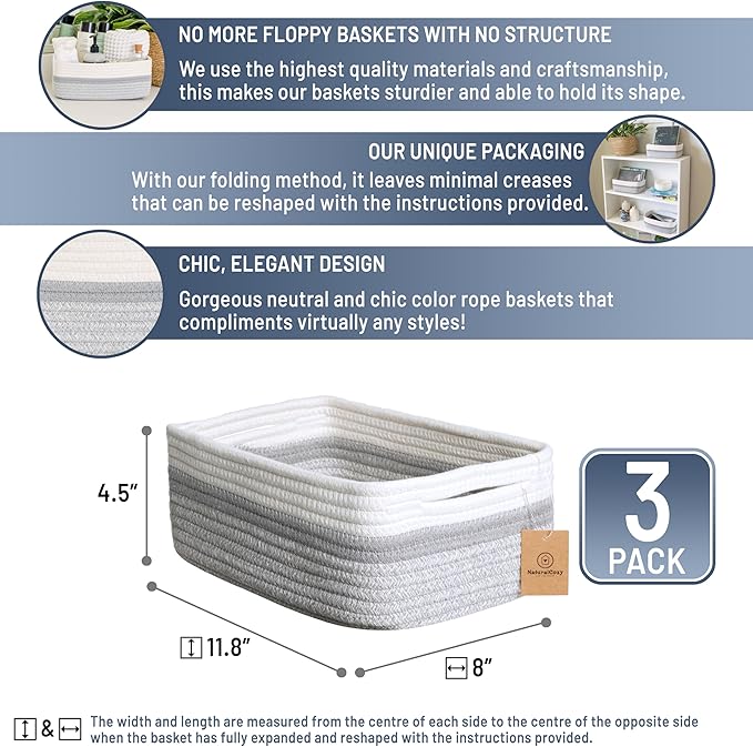 NaturalCozy 11.8"x8"x4.5” Storage Baskets for Shelves 3 Pack | Cotton Rope Woven Small Baskets for Organizing | Small Storage