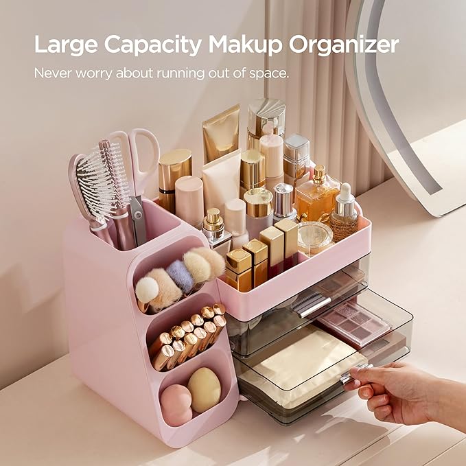 HBlife Makeup Organizer with Brush Holder for Vanity, Large Plastic Bathroom Countertop Organizer Skin Care Storage, Easy to 