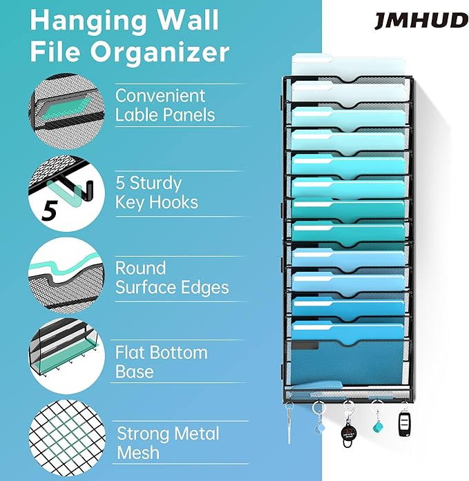 13 Tier Wall File Organizer - Hanging File Organizer with 5 Hooks, Mail Holder Wall Mounted for Papers, Folders, Magazines, B