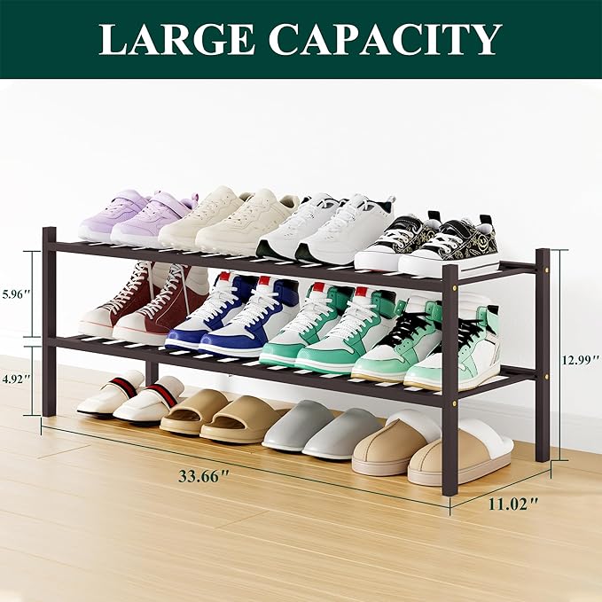 Smiry Shoe Rack, 2 Tier Long Bamboo Shoe Organizer, Stackable Free Standing Wooden Shoe Storage Shelf for Closet, Entryway, F