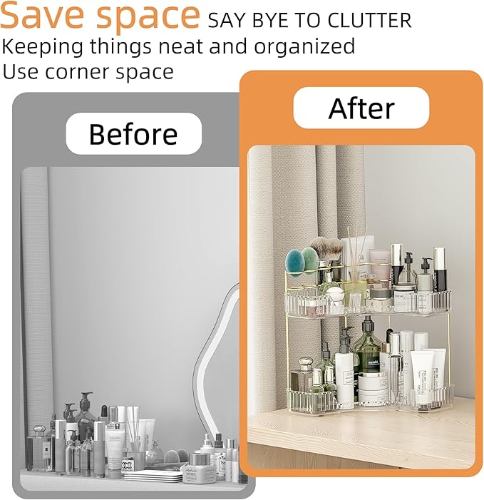 Makeup Organizer Countertop 2 Tier, Corner Bathroom Countertop Organizer with Toothbrush and Makeup Brush Holder, Corner Vani