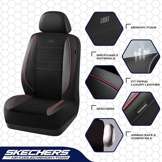 Skechers Air-Cooled Memory Foam Seat Covers,Thick Car Seat Covers,Leather Piping Car Seat Covers Front Seats,Airbag Compatibl