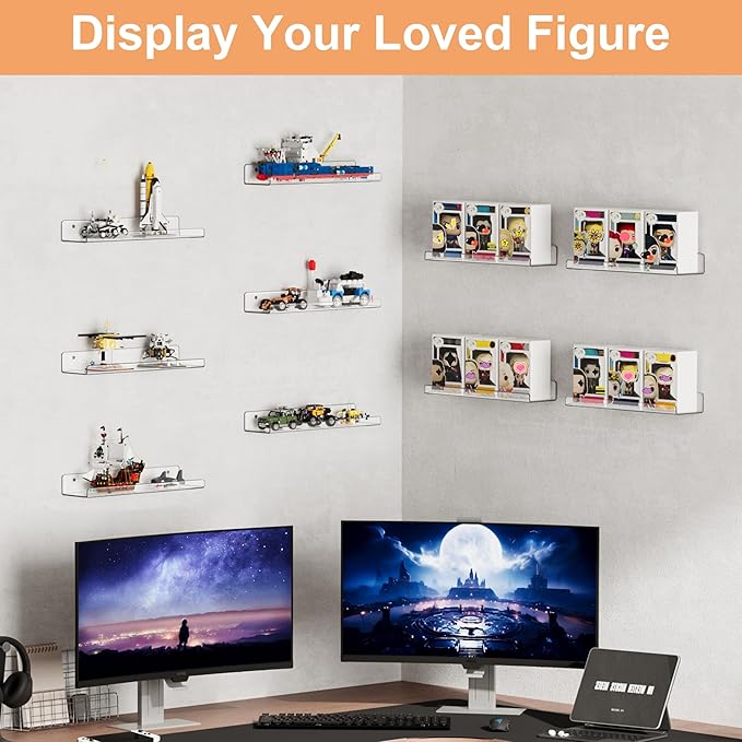 upsimples 12 Pack Acrylic Shelves Wall Organizer and Storage, 15" Display Shelf for Figure, Toy Cars, Perfume, Kids Bookshelf