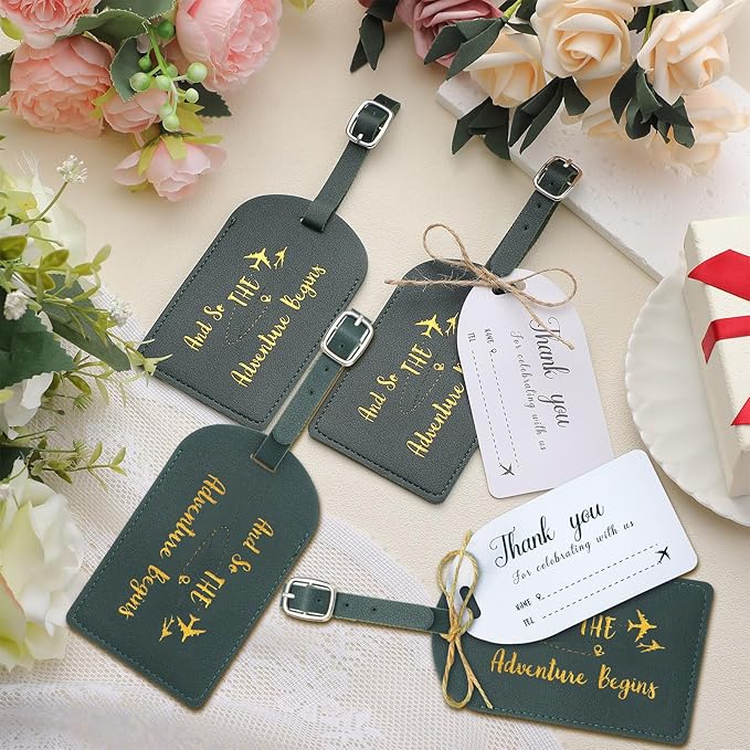 Sweetude 48 Sets Leather Luggage Tag Bulk and So The Adventure Begins Luggage Tags with Name Card for Wedding Bridal Shower B
