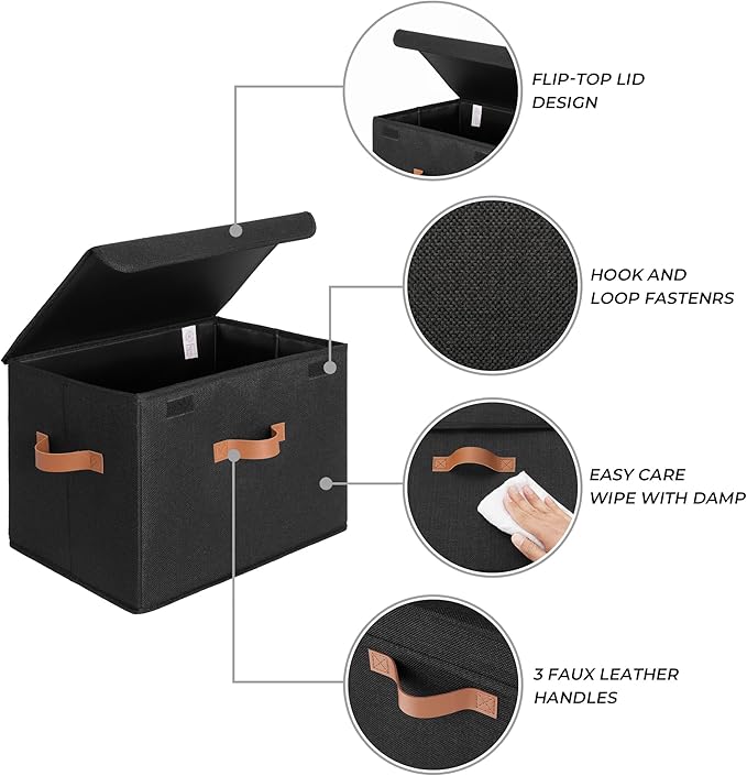 GRANNY SAYS Black Storage Bins with Lids, Decorative Storage Boxes with PU Handles, Linen Closet Organizer, Storage Baskets f
