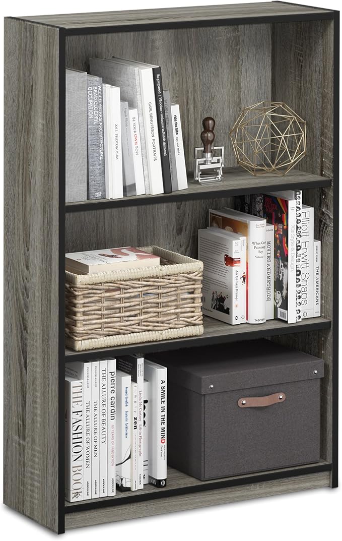Furinno Jaya Book Shelf, 3-Tier Bookshelf, Bookcase with Adjustable Shelves, 9.5 x 24.5 x 40.3, for Living Room, Bedroom, Hom