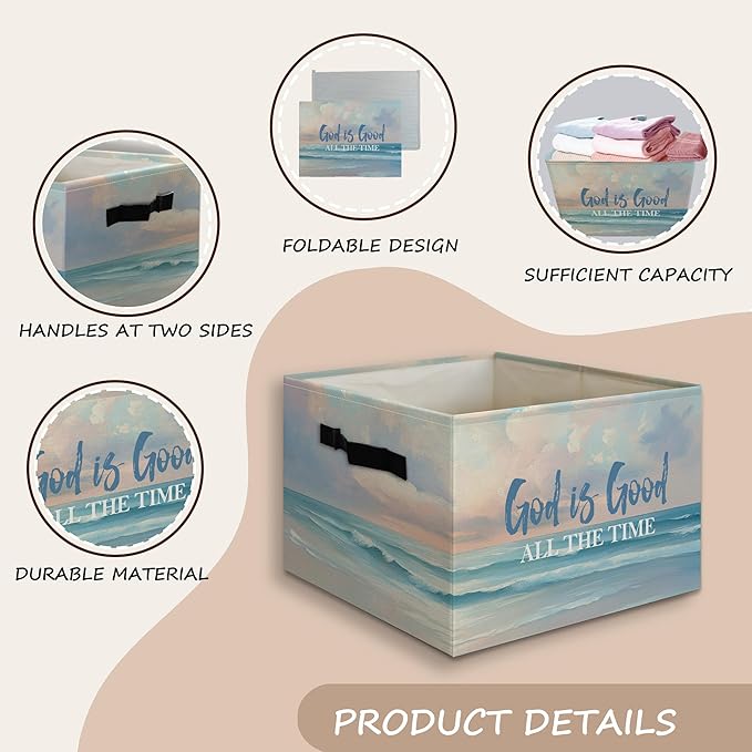 Christian Coastal Beach Foldable Storage Bins Box with Handles, God Is Good All the Time Bible Verse Religious Collapsible Or