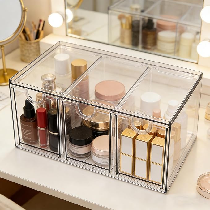 Prsildan Acrylic Makeup Organizer Stackable Storage Drawers with 3 Drawers for Office Desk Vanity Craft Room Clear Drawer Org