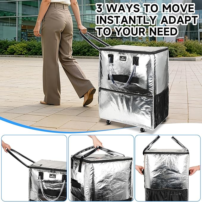 Reusable Grocery Bag On Wheels, Foldable Shopping Rolling Tote Bag with 6 Pockets, 3-Way Carry & Sturdy Handles, Zippered Top, Folds Flat for Shopping, Camping, Moving, Small, Silver