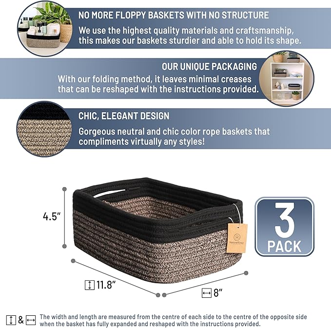 NaturalCozy 11.8"x8"x4.5” Rectangle Storage Baskets for Shelves 3 Pack | Cotton Rope Woven Small Baskets for Organizing | Sma