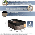 NaturalCozy 11.8"x8"x4.5” Rectangle Storage Baskets for Shelves 3 Pack | Cotton Rope Woven Small Baskets for Organizing | Sma