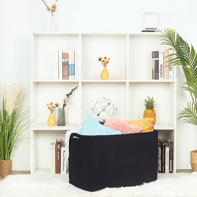 MINTWOOD Design 112L Extra Large Blanket Basket Holder Living Room, 25"x17"x16" Rectangle Rope Woven Storage Basket with Hand