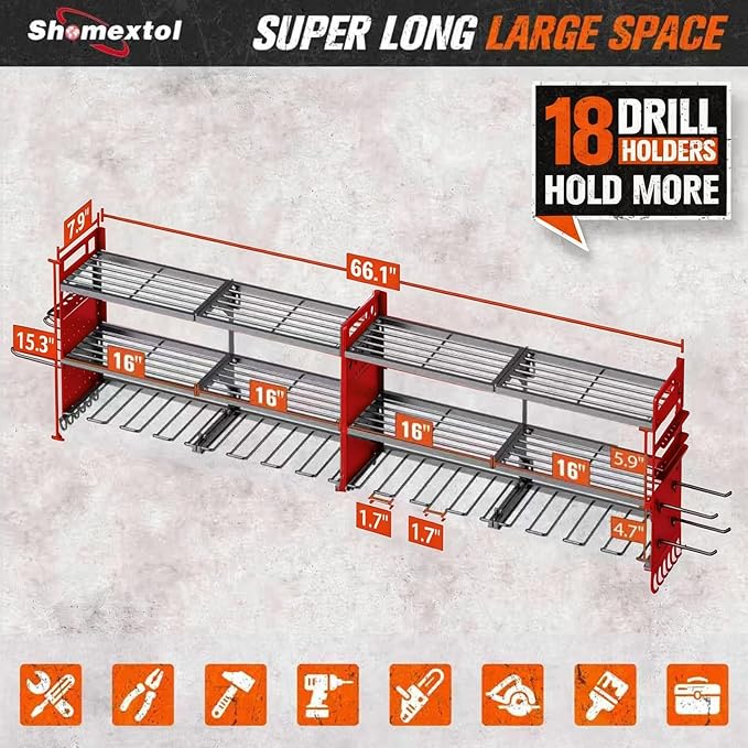 2-Pack Large Power Tool Organizer Wall Mount,Heavy Duty Cordless Tool Organizer with 18 Drill Holder,600 Lbs Capacity 3-Layer