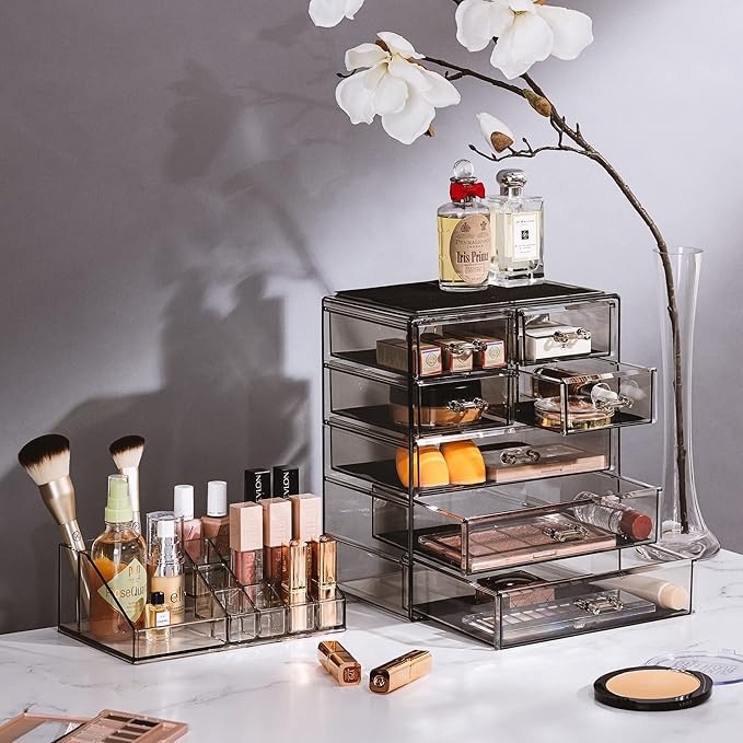 Sorbus Acrylic Makeup Organizer Set, 7-Drawer Vanity & Countertop Cosmetic Storage with Small & Wide Compartments, Black-Tint
