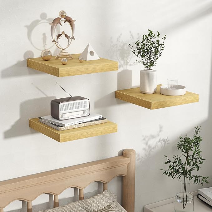 Fun Memories Rustic Wood Floating Shelves for Wall, Space-Saving Wall Mounted Shelves for Bathroom, Bedroom, Living Room and 