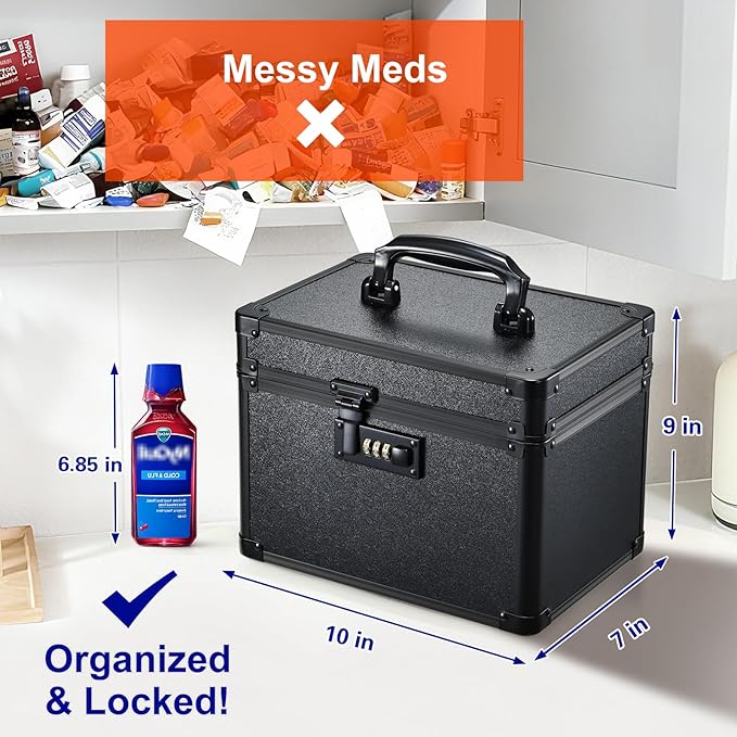 Lockable Security Storage Box - Shiny Black Safe Combination Lock Box, Cabinet Med Organizer, 10 x 7 x 9 Inches Safe Case for