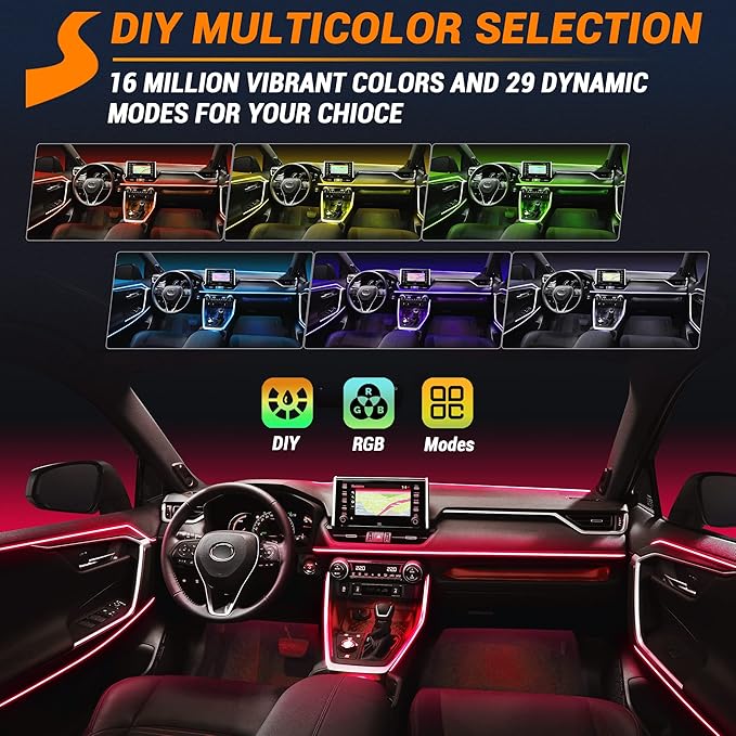 Interior Car LED Strip Lights 400 inches Fiber Optic tubing USB Powered RGB 8 in 1 Car Neon with Wireless APP and Remote Control, Ambient Lighting Kits 16 Million Colors,Sync to Music